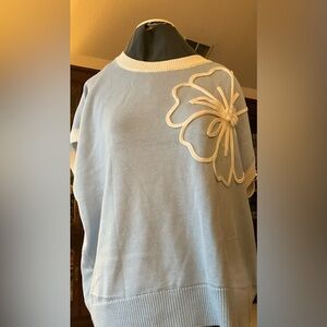 Blue and White Women's Sweater with Floral Design